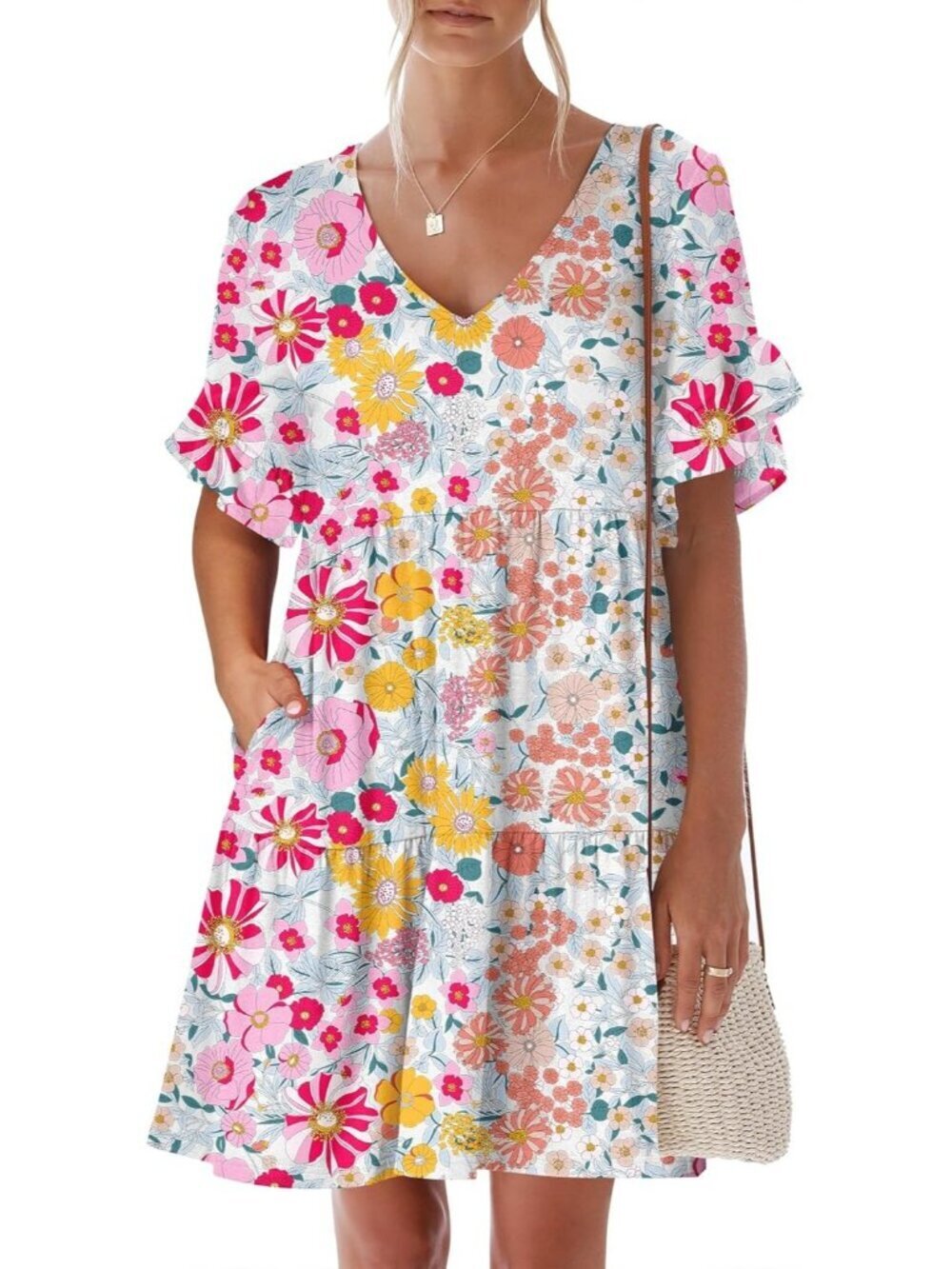 Anrabess Women's Multicolor Neck Ruffle Sleeve A Line Tiered Mini Flowy Dress